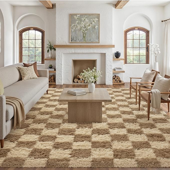 Checkered Rug 6x9 for Living Room, Brown Modern Shag Rug Washable Non-Slip Large Area Rug Super Soft Indoor Fuzzy Carpet Fluffy Rugs for Bedroom Home Aesthetic Decor