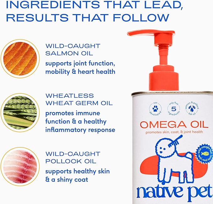 Native Pet Omega 3 Fish Oil for Dogs & Cats - Promotes Healthy Skin, Shiny Coat & Strong Joints - Made with Wild Alaskan Salmon Oil for Dogs – Tasty, Fast-Absorbing Omega 3 6 9 Liquid Supplement-32oz