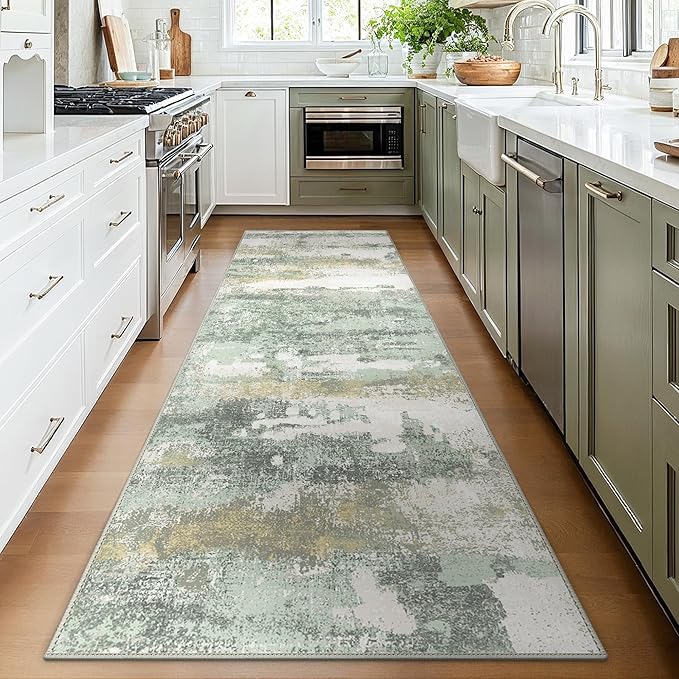 Runner Rug for Hallway Kitchen, 3x8 Machine Washable Runners Rug for Entryway, Soft Modern Abstract Throw Rugs, Low Pile Floor Cover with Non Slip Backing, Light Green
