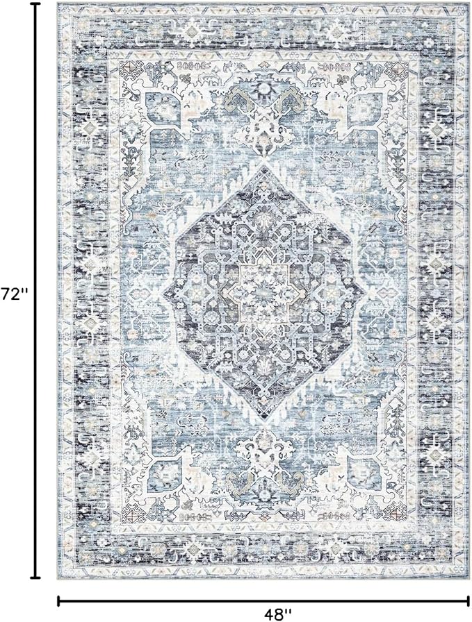 Area Rug 4횞6, Vintage Boho Rug,Ultra-Soft Low Pile, Washable, Non Slip,Stain Resistant Printed Carpet for Living Room Bedrooms Playroom Office Kitchen, Light Blue