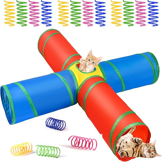 Cat Tunnel 4 Way Collapsible, Interactive Cat Toys for Indoor Cats, 12 PCS Cat Springs Toy Kitten Toys Pack, Large Rainbow Bunny Tunnel Tube with Peephole, Pet Tunnels for Cats Kitty Rabbits