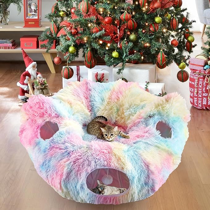 Cat Tunnel Bed, Collapsible Cat Tunnel with Washable Cushion,3-in-1 Multi-Functional Play Tunnel with Peek Holes & Ears, Indoor Playhouse for Cats Kittens Rabbits Small Dogs,Gift for Pet