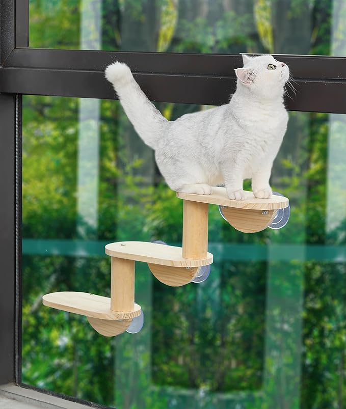 Cat Window Ladder 3-Levels for Indoor Cats Climbing Wood Window Shelf Cats Play and Watch Birds