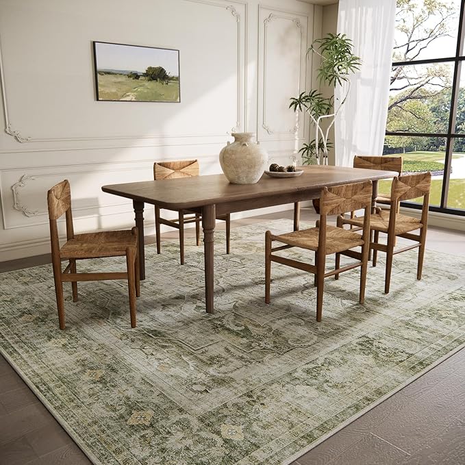 Washable Area Rugs for Living Room: 9 x12 Boho Rug Large Living Room Rug Stain Resistant Distressed Vintage Area Rug Non Slip Low Pile Faux Wool Soft Carpet for Bedroom Playroom Farmhouse Dining Room