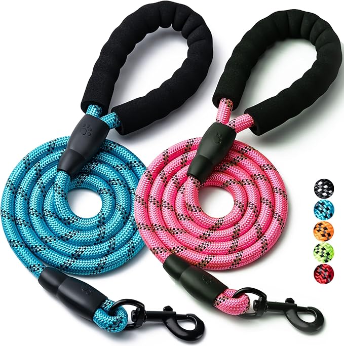 2 Pack Dog Leash, 4/5//6 FT Heavy Duty Nylon Rope Pet Leashes with Comfortable Padded Handle, Reflective Dog Leashes for Small Medium and Large Dogs (5FT-1/2,Blue/Pink)