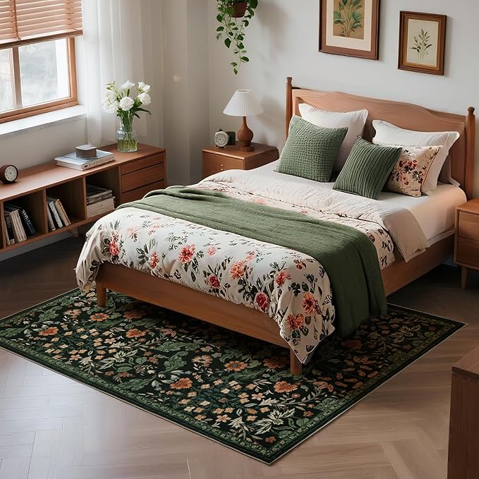 Floral Area Rug for Living Room: 8x10 Washable Soft Low Pile Thin Indoor Carpet, Non Slip Stain Resistant Vintage Flower Boho Accent Large Rugs for Bedroom, Dining, Home Office, Nursery - Black