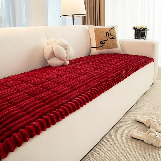 Christmas Faux Fur Plush Dog Couch Cover, 3D Stripe Fuzzy Sofa Covers, Non-Slip Fluffy Dog Bed Cover Pet Blanket, Washable Furniture Protector for Puppy Cat (Red,35"x35")