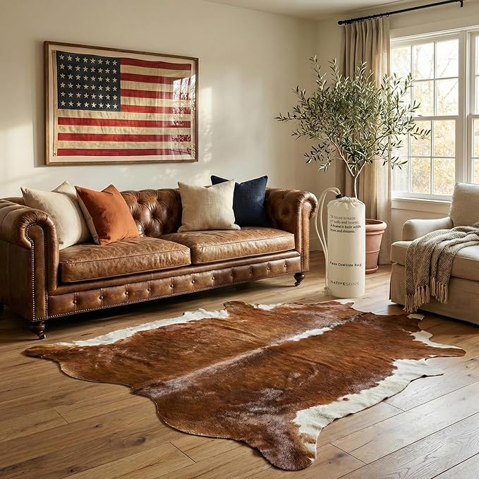NativeSkins Faux Cowhide Rug ??Hawthorn Brown (Large) | 4'7" x 6'7" | Cow Print | Western Bedroom Decor | Hand-Cut, Faux Suede No-Slip Backing | Western Rug | Animal Print | Cow Hide