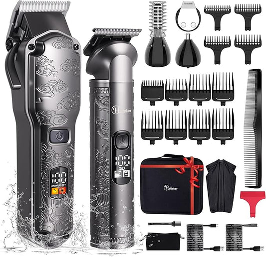 Hatteker Professional Hair Clippers for Men Beard Trimmer Clippers Set Waterproof T-Blade Trimmer Cordless Grooming Kit Nose Body Hair Barber Clippers Hair Cutting Kit