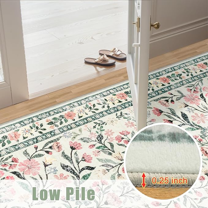 Area Rug Living Room Rugs: Floral 5x7 Washable Rug Vintage Soft Boho Non-Slip Carpet Indoor Stain Resistant Large Carpets for Bedroom Dining Room Farmhouse Nursery Hallway Home Office Green Beige