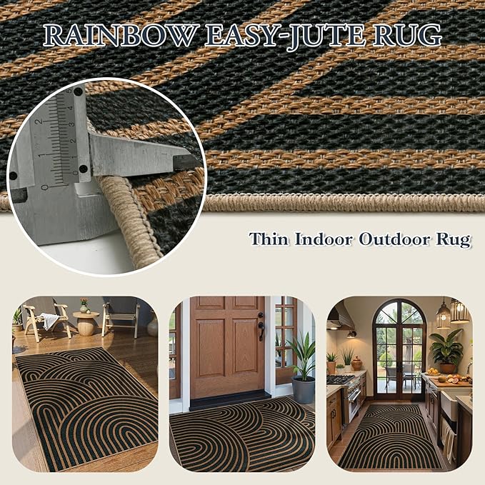 Lahome Modern Rainbow Easy Jute Patio Rug, 3x5 Washable Rugs for Entryway Farmhouse Carpet, Non Slip Indoor Door Mat Contemporary Throw Carpet for Laundry Guestroom Room Porch Decor