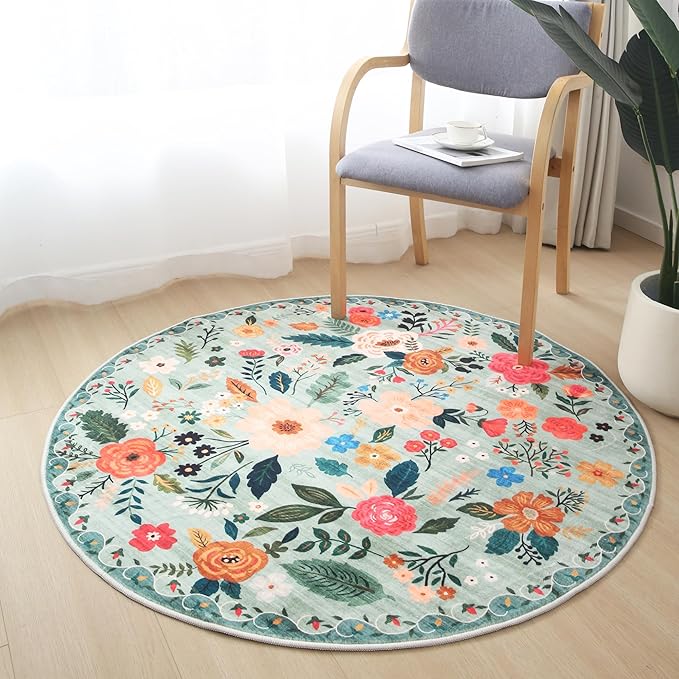 Rugcomf Round Rug 6ft Washable Circle Rug Non Slip Low Pile Boho Floral Small Circular Rug for Bedroom, Bathroom, Entryway, Kids Room, Office, College Dorm(Green)