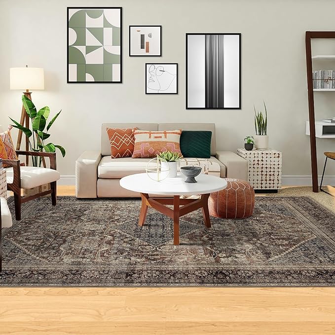 Area Rug 5횞7, Large Vintage Boho Rug,Ultra-Soft Low Pile, Washable, Non Slip,Stain Resistant, Printed Carpet for Living Room Bedrooms Playroom Office Kitchen,Oat/Antiquity