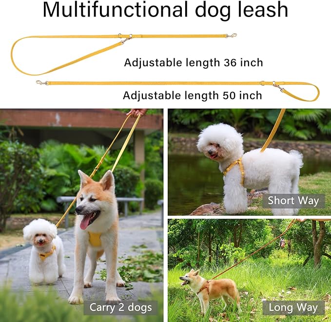 CHEDE No Pull Puppy Harness and Multifunction Dog Leash Set- 8 Colors Soft Adjustable No Choke Escape Proof Cute,Lightweight Pet Vest Harness for Small and Medium Dog (M, Yellow)