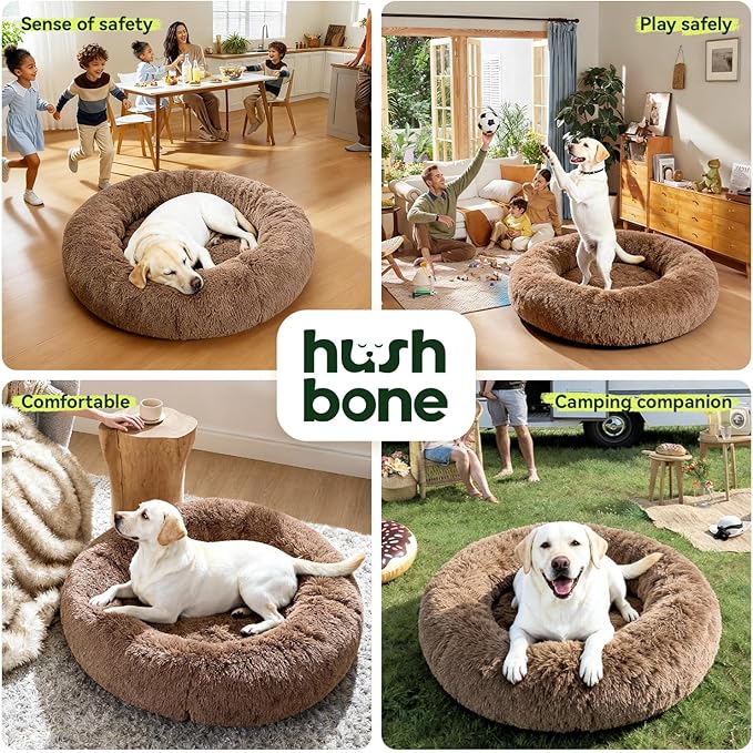 Waterproof Memory Foam Dog Beds for Large Dogs Machine Washable,Round Plush Anxiety Orthopedic Bolster Pet Bed with Removable Cover,Fluffy Donut Calming Sofa to Care Arthritis 42 Inch,Camel
