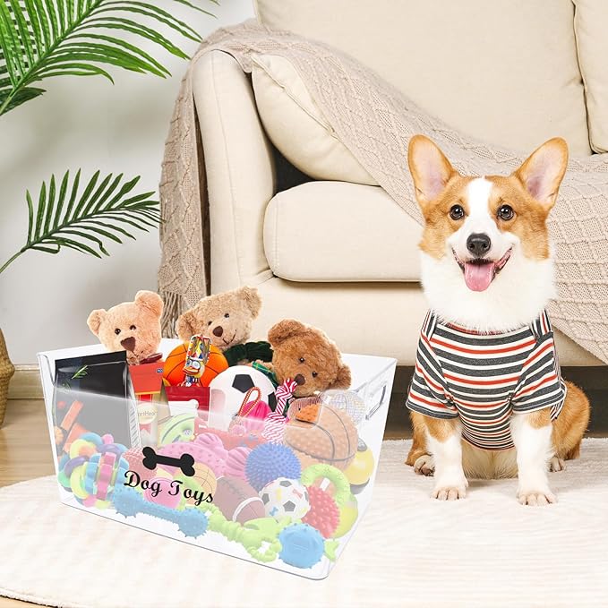 Dog Toy Basket with Handle - Clear Plastic Waterproof Dog Storage Organizer for Toys, Blankets, Leashes, Treats & Grooming Supplies - 1Pack