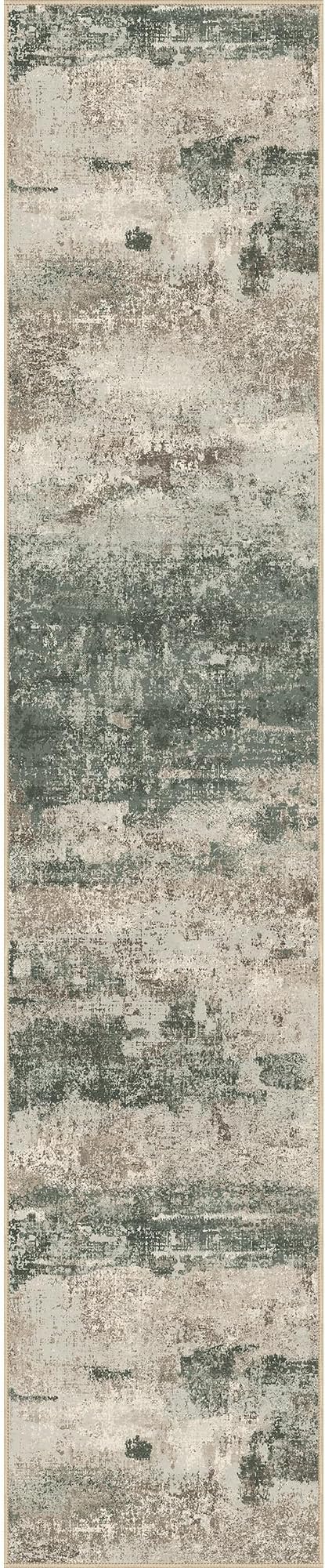 Runner Rug for Hallway Kitchen, 2'6"x10' Machine Washable Runners Rug for Entryway, Soft Modern Abstract Throw Rugs, Low Pile Floor Cover with Non Slip Backing, Grey/Dark Green