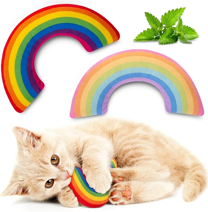 Catnip Toys for Indoor Cats Kitten, Kitty Toys Rainbow Cat Kicker Pillow 2Pcs, Interactive Fun Cat Nip Chew Teeth Cleaning Toys for All Pet Breed