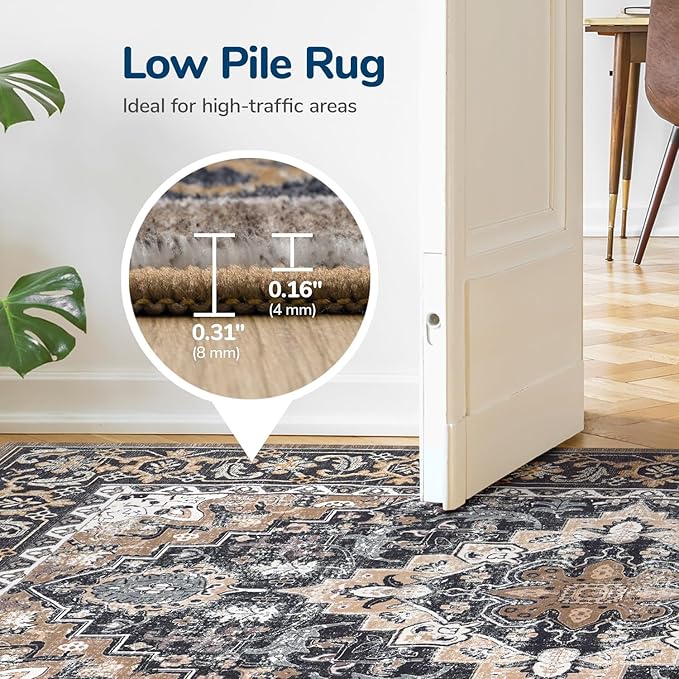 Lessymo Area Rugs 5x7, Machine Washable Area Rug, Super Soft Faux-Wool Area Rugs for Living Room Bedroom Kitchen, Boho Vintage Floral, Non-Slip Low Pile, Kid & Pet Friendly, Black Brown