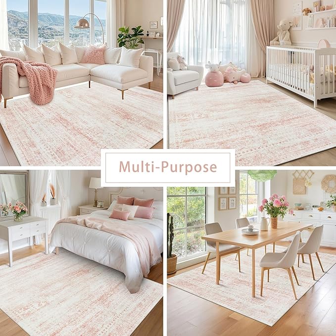 Washable Rugs 8x10 Area Rugs for Living Room,Rugs for Bedroom,Large Carpets,Ultra Soft Faux Wool Retro Dining Room Rug,Non Slip&Non-Shedding Low Pile Vintage Print Rug for Home Office-Pink White