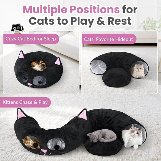 Baseola Cat Tunnel Bed for Indoor Cats, Peekaboo Cat Cave with Washable Soft Play Mat, Furry Cat Tube, for Kitten/Puppy/Rabbit, Kitten Series Black Pink