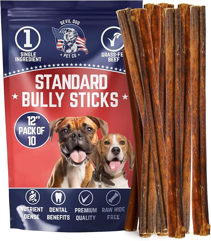 Devil Dog Pet Co. Bully Sticks – 12 Inch, 10 Pack, Standard Sized Dog Chews, 100% Natural, Single Ingredient, Free-Range Grass-Fed Beef – Long Lasting, Rawhide-Free Treats for Dogs