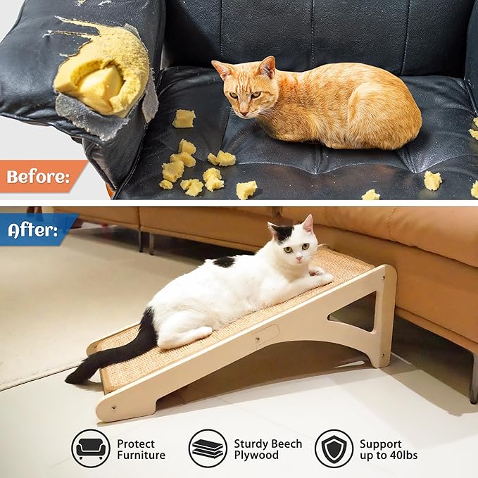 PETKARAY Cat Scratcher, Sisal Cat Scratching Ramp, L Shape Scratch Pad for Indoor Kitty, 27" Wall Furniture Protector with Mouse Toy