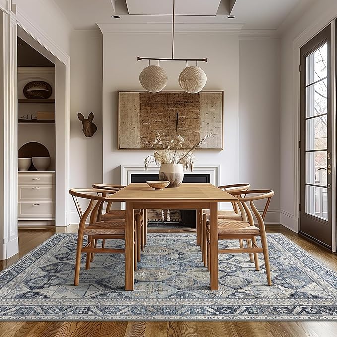 GENIMO 6x9 Area Rugs for Living Room, Machine Washable Vintage Non Slip Rugs, Low Pile Lightweight Chenille Print Rug for Bedroom, Dining Room, Home Office, Vintage Brown & Blue