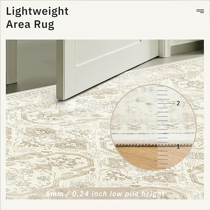 4x6 Area Rugs for Living Room, Vintage Washable Rugs for Dining Room, Bedroom, Home Office Decor, Non-Slip Beige/Brown Carpet Thin Rug