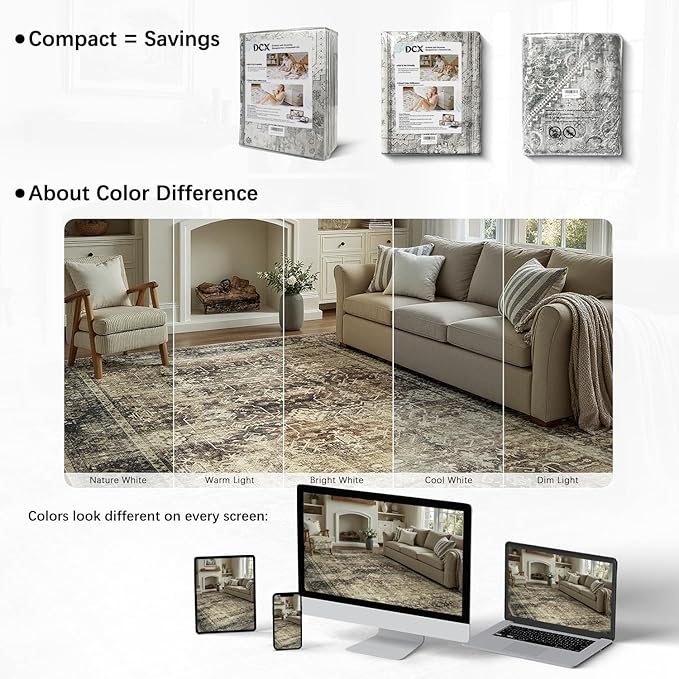 DCX Washable 5x7, Kid & Pet Friendly with Rubber Back Non Slip, Stain Resistant Vintage Rug for Living Room, Bedroom, Home Office, Soft Low Pile Large Farmhouse Distressed Carpet, Brown