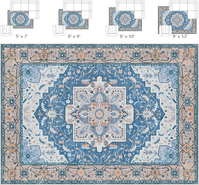 Lessymo Washable Area Rugs 6x9- Boho Area Rug Low Pile for Bedroom Living Room Kitchen, Ultra-Soft Faux Wool Vintage Area Rug with Non-Slip Rubber, Kid & Pet Friendly, Blue Brown