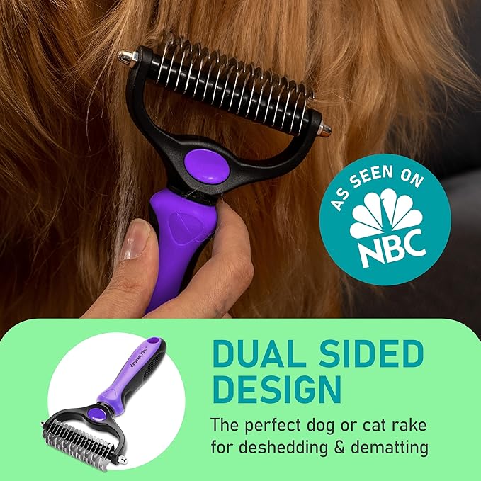 Maxpower Planet Pet Grooming Brush - Double Sided, Extra Wide for Dogs and Cats - Dematting Undercoat Rake, Reduces Shedding by 95%, Purple