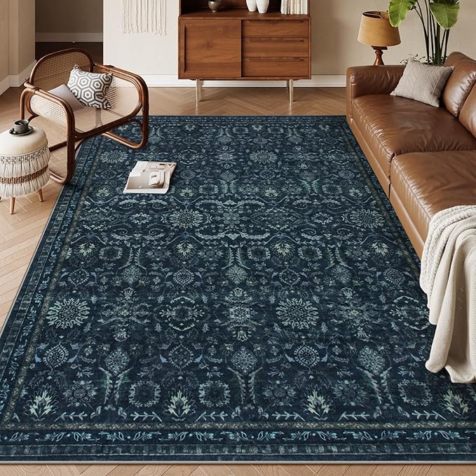Lahome Navy Blue 8x10 Area Rugs for Living Room,Boho Machine Washable Dining Room Area Rugs,Dark Vintage Thin Stain Resistant Carpets for Bedroom Dorm Home Office