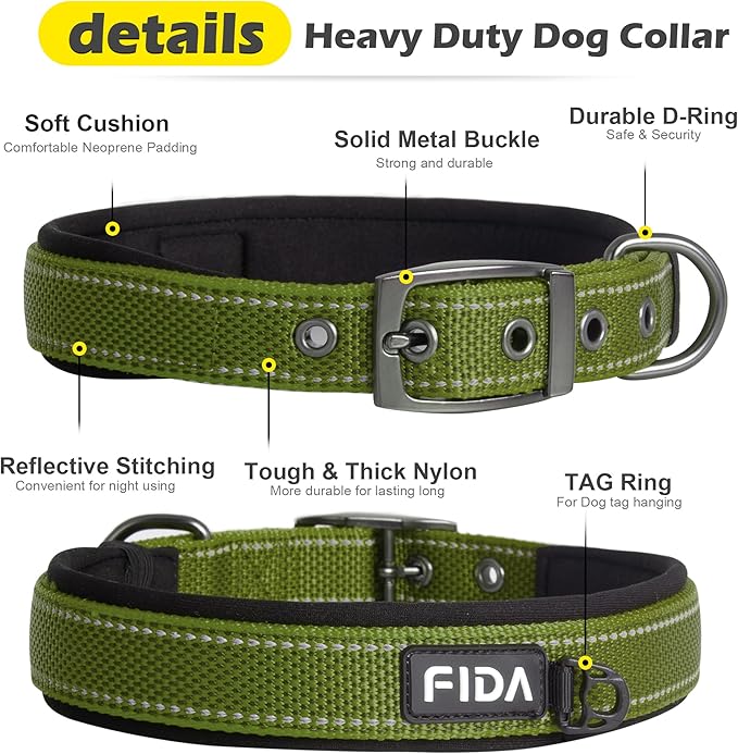 Fida Heavy Duty Dog Collar, Ultra Comfortable Soft Neoprene Padded, Adjustable Reflective Nylon Pet Collar with Durable Metal Belt Buckle for Small Breeds (S, Green)