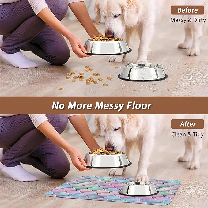 Pink Mermaid Scale Pet Feeding Mat,Absorbent Quick-Dry Cat Dog Food and Water Bowl Mats,Non-Slip Rubber Backing Mat,Cat Dog Accessories Supplies 12"x20"