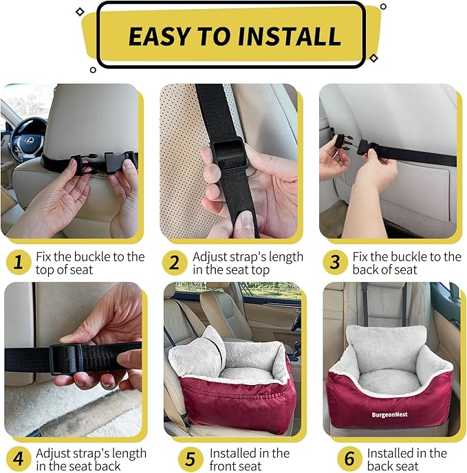 BurgeonNest Dog Car Seat for Small Dogs, Fully Detachable and Washable Cat Carseats Under 25 lbs, Soft Pet Booster Seats with Storage Pockets Clip-On Leash Portable Travel Carrier Bed, Red