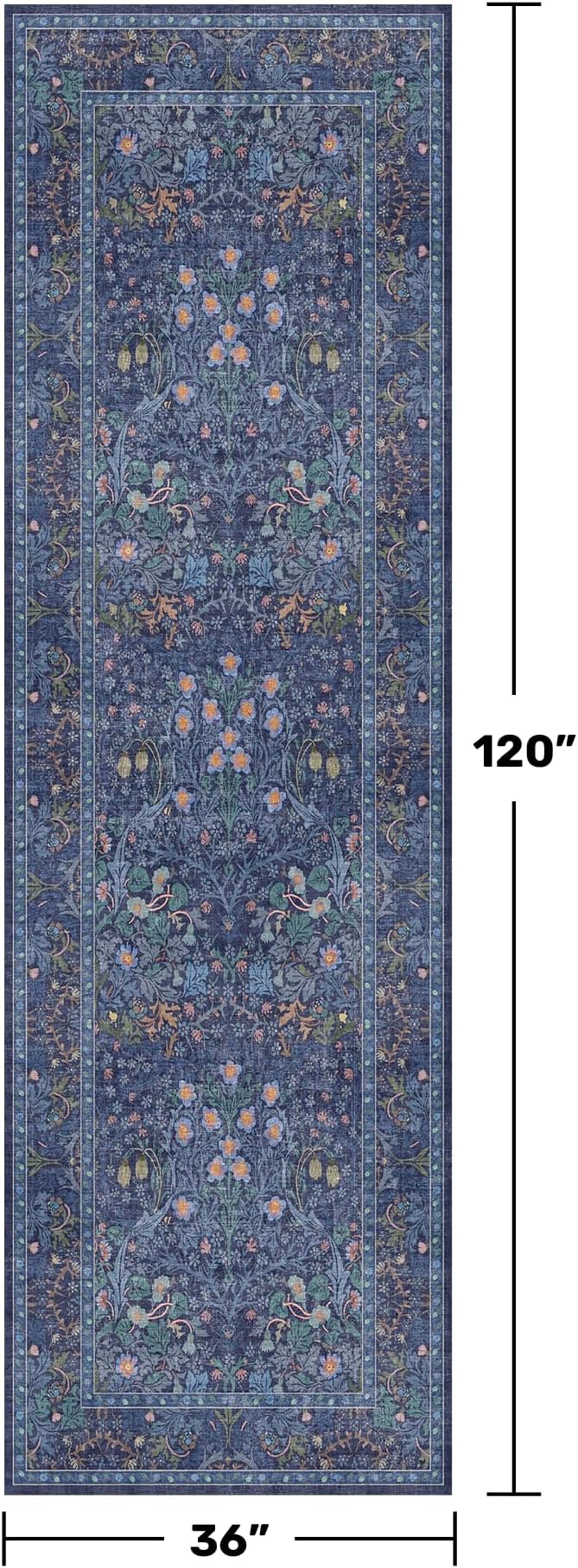 Dark Blue 3x10 Extra Long Wide Runner Rug for Hallway, Non Slip Washable, 10 ft Large Kitchen Indoor Floor Rugs for Entryway, Stain Resistant Vintage Floral Carpet
