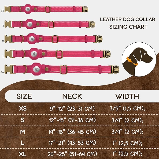 Reflective Leather Dog Collar with AirTag Holder - Soft Apple Airtag Dog Collar with Metal Buckle - Safety Cotton Pet Collars for Dogs Small Large Dogs Puppy (Pink, L, 17"-21")