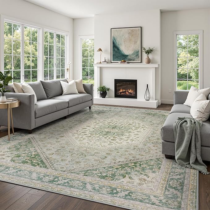 DCX Green 9x12 Area Rug, Machine Washable Non Slip Stain Resistant Vintage Rug for Living Room, Bedroom, Playroom, Soft Low Pile Large Nursery Carpet