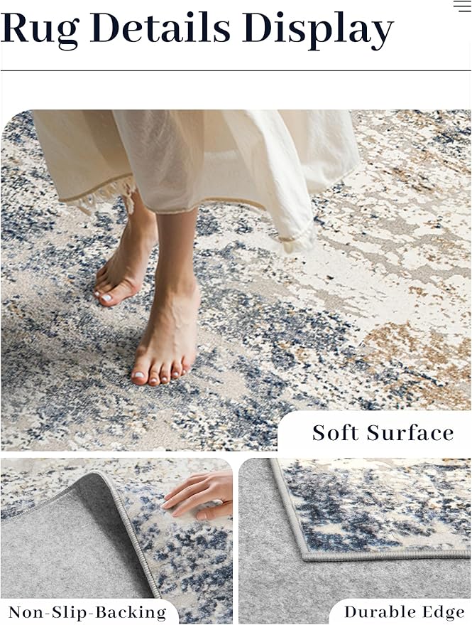 Art&Tuft Washable Rugs 5x7 - Anti-Slip Backing 5x7 Area Rugs for Living Room, Foldable Abstract Washable Area Rug(5'x7', Navy)