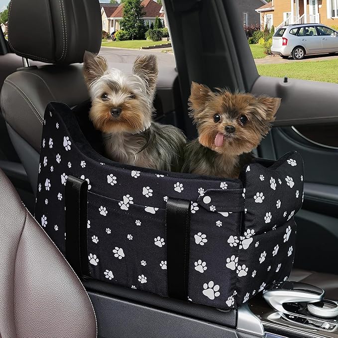 Console Dog Car Seat with Safety Leash for Large Armrest Lid– Booster Seat for Small & Medium Dogs (Up to 25 lbs), Pet Travel Safety Seat with Storage Pockets & Detachable Dog Seat (Large Size)