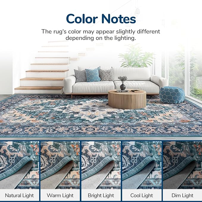 Lessymo Area Rug 6x9, Machine Washable Area Rugs, Super Soft Faux-Wool Area Rugs for Living Room Bedroom Kitchen, Boho Vintage Floral, Non-Slip Low Pile, Kid & Pet Friendly, Dark Green