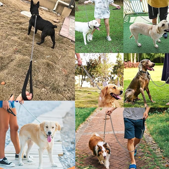 Chain Heavy Duty Metal Dog Leash, 4FTx3mm Chew Proof Pet Leash Chain with Soft Padded Handle for Large & Medium Size Dogs Walking, Training and Traveling (0-80 lbs)