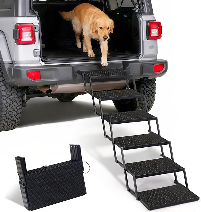 Foldable Dog Car Steps - Upgraded Non-Slip Pet Stairs for Large Dogs, Portable Metal Frame Dog Ramps for High SUV, Truck and Cars, Lightweight Pet Ladder with High Load-Bearing Capacity，Up to 350Lbs