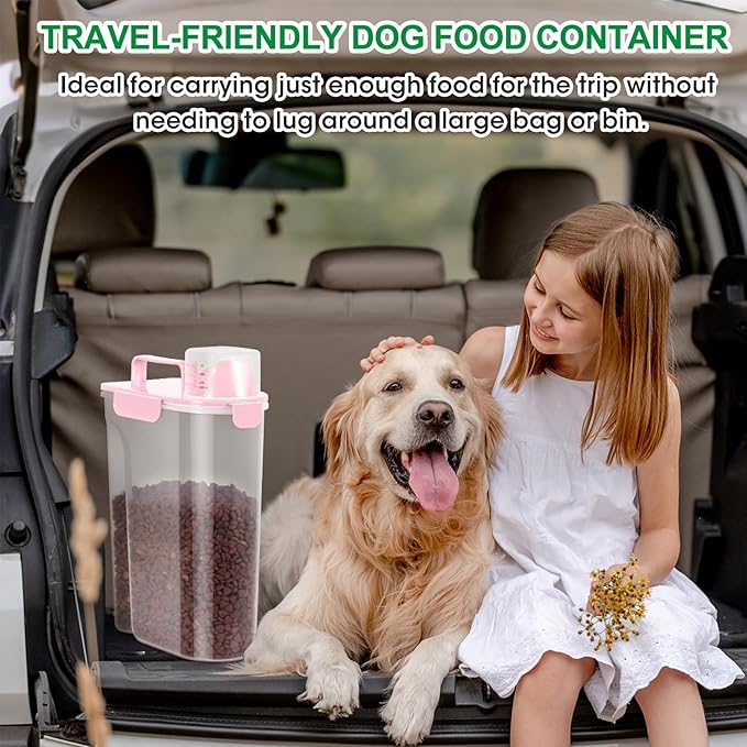 TBMax 2 Pack Cat Dog Food Storage Containers 10 to 14 Lbs, Portable Travel Pet Container Dispenser with Easy-Pouring Spout & Cup, Airtight Bird Seed Container Dog Treat Storage Bin -Pink