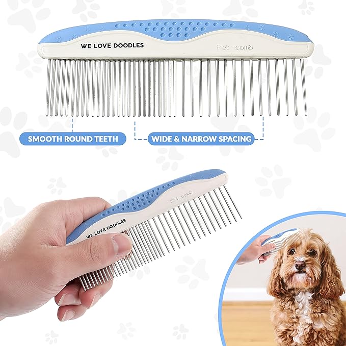We Love Doodles Small Dog Grooming Comb & Large Dog Slicker Brush Bundle - Grooming Comb & Mini Slicker Brush For Small Puppy Kit - Removes Tangles & For Dematting - Made in USA