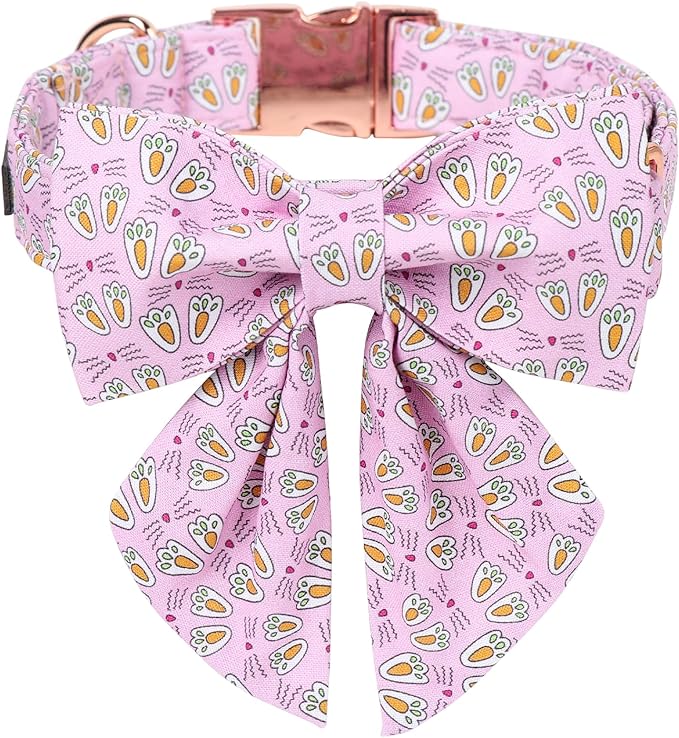 Maca Bates Rabbit Foot Dog Collar with Sailor Bow Tie for Extra Large Girl Boy Dogs, Pink Bunny Pattern,Adjustable Durable Soft Breakaway Collars Easter Day Gift for Male Female Puppy