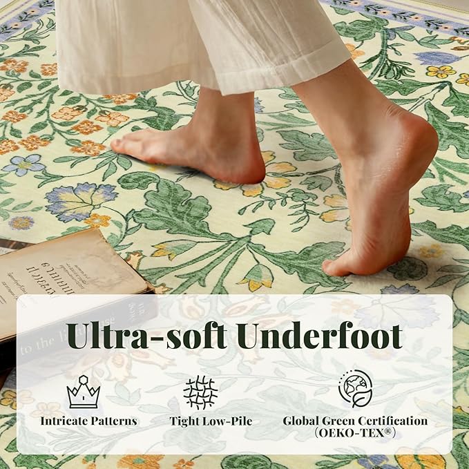 Floral Area Rug for Living Room: 8x10 Washable Soft Low Pile Thin Indoor Carpet, Non Slip Stain Resistant Vintage Flower Boho Accent Large Rugs for Bedroom, Dining, Home Office, Nursery - Ivory