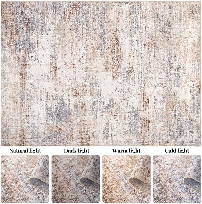Area Rug Living Room Washable Rugs: 9x12 Modern Neutral Abstract Low Pile Non Slip Floor Carpet - Large Soft Thin Stain Resistant Rug for Bedroom Dining Indoor Office Home, Brown Grey