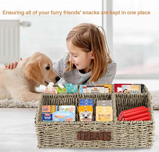 Bratod Dog Storage Organizer Wicker Basket,Dog Treat Container Bin for Countertop,Pet Treats Box with Dividers,Dog Cat Can Food Storage Bin,Pet Treat Station-Natural Woven Seagrass